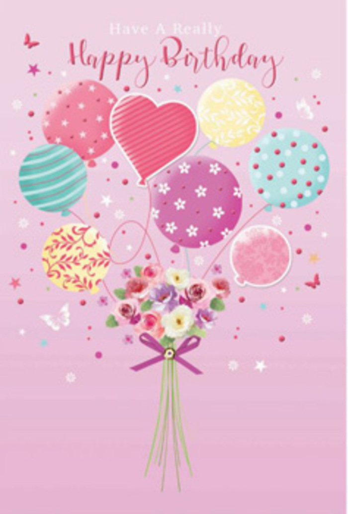 Dreamy birthday card artwork depicting pastel balloons lifting a tiny garden of flowers, as if a celebration from Erith's riverside had been captured in midair. The backdrop is a soft pink wash, almost like watercolour, that gives the scene a sense of calm, joyful anticipation. Rising from the centre is a group of balloons in shades of pale sunshine yellow, rosy fuchsia, lavender, and mint green, their rounded forms gently overlapping. Each balloon is adorned with its own playful decoration-curving ribbons that twist upwards, scattered polka dots that seem to dance, or small floral elements that echo petals and leaves. They cluster together as though they've just floated up from a birthday table along Erith's High Street. Nestled beneath this airy canopy is a hand-tied bouquet of petite roses and daisy-like flowers, their petals velvety and finely shaded. Hues of cream, blush pink, and muted mauve mingle, giving the impression of blooms kissed by early morning light and carrying a delicate, sugary fragrance. The stems are bound tightly by a glistening purple satin bow, its ribbons crisp yet slightly curved, suggesting the care of a skilled florist finishing a special birthday gift. Around the arrangement, tiny butterflies and shimmering star shapes flit and sparkle, adding a sense of motion, like confetti caught in a breeze. The lighting is bright but soft, enhancing the shine on the balloons while drawing attention to the intricate layering of petals and the fullness of the bouquet. Overall, the design feels like a tender, uplifting birthday wish, crafted with love for someone celebrating in or around Erith.