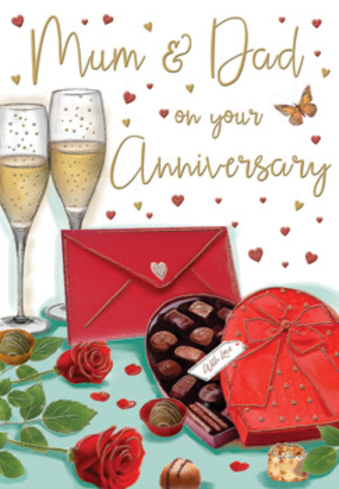 Illustrated anniversary card capturing a sense of romantic celebration and homely comfort, perfectly suited to mark a special milestone for parents in Erith. The artwork centres on two tall champagne flutes positioned closely together, their fine stems and gently curved bowls rendered with delicate reflections. Inside, pale golden champagne sparkles with tiny, rising bubbles, held mid-motion as if the moment of the toast is paused in time. The glasses appear to glow softly, reminiscent of warm evening light spilling across a table in a quiet Erith living room. In front of the flutes sits a generous heart-shaped box of chocolates that immediately draws the eye. Its body is a deep crimson red, crowned by a bold satin bow whose ribbons arc gracefully over the lid and spill onto the surface below. The lid is tilted open, revealing tidy rows of glossy truffles in shades of rich brown and caramel, each one shaded to suggest a smooth, melt-in-the-mouth texture. A couple of chocolates rest casually outside the box, hinting at the easy sharing that accompanies a relaxed anniversary evening. To the side of this indulgent centrepiece, two lush red roses with vivid green leaves lie gently against the table. Their petals are thick and velvety, overlapping in rich, spiralling layers that echo the premium-quality blooms a local Erith florist would choose for a hand-tied anniversary bouquet. Floating above the scene, small gold and crimson hearts drift across the background, swirling around a hand-lettered message for Mum & Dad that anchors the card's meaning in family love. At the bottom, a bright scarlet envelope sits neatly closed, its presence suggesting a thoughtful, handwritten note waiting to be read. The entire composition glows with warmth, indulgence, and a reassuring sense of togetherness, like an anniversary quietly celebrated at home in Erith.