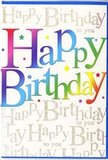 The design of this birthday card feels like a chorus of 'Happy Birthday' captured visually, the kind of colourful greeting that could brighten any Erith living room. At its heart, the phrase 'Happy Birthday' unfurls across the card in large, easy-to-read letters, each shaped with a soft, rounded profile that feels friendly and inviting. The colour of the lettering flows in a smooth gradient from deep cherry red to rosy pink, then through purple, rich blue, turquoise and leafy green, finally mellowing into a warm, golden yellow. This rainbow blend is subtle at the transitions, giving each letter depth and the illusion of a gentle, glossy texture. Behind this bold statement, the entire background is filled with elegant gold script, repeating the words 'Happy Birthday to you' in a continuous, looping hand, like lines from a song written again and again. The metallic script glimmers in the light, not with heavy glitter but a refined, fine sparkle, reminiscent of the soft shine you might see on the water by Erith Pier at sunset. Dotted around the main wording are tiny multicoloured stars and specks, echoing the colours of the lettering and lending the impression of confetti in mid-air. The overall palette is bright but carefully controlled, with the golden undertone adding warmth and sophistication. The card feels modern, cheerful and sincere - something you could imagine arriving alongside a hand-tied bouquet delivered across Erith, the two together turning an ordinary moment of opening the post into the start of a very happy birthday celebration.