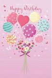 Gentle, pastel-toned birthday card illustration showing a whimsical bouquet of balloons and flowers, evoking the light-hearted spirit of a birthday in Erith. The background is a calm, rosy pink, smooth and even, letting the main design stand out clearly. At the top, a cluster of balloons floats upward, each one rounded and softly glowing. Some are wrapped in candy-striped ribbons, others are dotted with playful spots, and one central balloon takes on a heart-inspired shape that quietly suggests love and affection. Shades of blush pink, seafoam green, pale yellow, and lavender merge harmoniously, creating a feeling of joyful calm, like a stroll through a park near Erith on a sunny day. Tied beneath this airy cluster is a hand-crafted bouquet of petite roses and anemone-like blossoms. The flowers are rendered with delicate detail: layers of petals in creamy ivory, soft blush, and gentle mauve overlap to form a lush, cushiony cluster that looks freshly gathered. Their imagined scent is sweet and comforting, like stepping into a local florist's shop on Erith High Street. The slender stems are gathered neatly and secured with a deep violet satin bow that glints lightly, its loops and tails lying gracefully. Small stars and graceful butterflies are scattered through the design, adding a dreamlike, celebratory touch. The whole scene is bathed in soft, luminous light, giving the balloons a subtle sheen and enhancing the natural softness of the petals. The artwork feels festive yet tender, perfect for conveying warm birthday wishes within the Erith community.