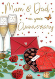Deeply romantic anniversary card illustration filled with rich colour and gentle detail, evoking a quiet evening celebration in Erith. At the centre, a pair of tall champagne flutes stands side by side, their slender silhouettes almost touching. The glasses are filled with soft golden champagne, each one alive with tiny, rising bubbles that give a sense of movement and joyful expectation. Reflections glimmer along the glass curves, as if catching the warm light of a lamp in a snug dining room near the Erith waterfront. Resting just in front is a heart-shaped box of chocolates, lavishly rendered in deep scarlet tones. A dramatic red satin bow crowns the box, its loops full and sculpted, trailing ribbons cascading gently over the edge. The lid is propped open to reveal an inviting array of truffles, their smooth surfaces shaded in velvety browns and caramels. A few chocolates sit temptingly on the tabletop, suggesting the easy, shared pleasure of an indulgent treat between two people who know each other well. To one side, two voluptuous red roses lie with casual grace, as though freshly placed from a bouquet delivered by Flowers Erith for a special anniversary. Their petals are thick and velvety, layered in rich crimson spirals, with glossy green leaves framing the blooms. The roses echo the passionate red of the ribbon and box, tying the composition together. Above, tiny hearts in shimmering gold and deep red float freely across the background, enfolding a hand-lettered message for Mum & Dad. At the bottom, a matching scarlet envelope rests slightly askew, its flap sealed and suggestive of heartfelt words tucked safely inside. The overall scene radiates warmth, romance, and gratitude, perfectly capturing the tender, enduring love that an anniversary in Erith seeks to honour.